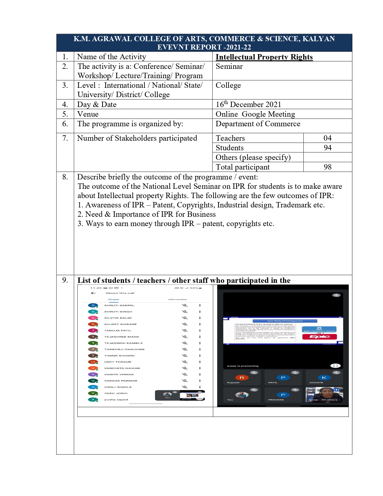  National Level Seminar on IPR on 16th Dec, 2021 